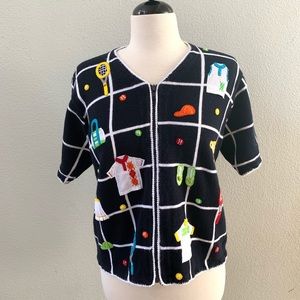 MARISA CHRISTINA vintage tennis theme knit graphic sweater cardigan womens XL